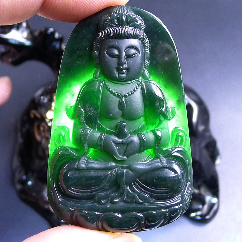 老坑种墨绿色墨翠翡翠观音挂件46.92g
