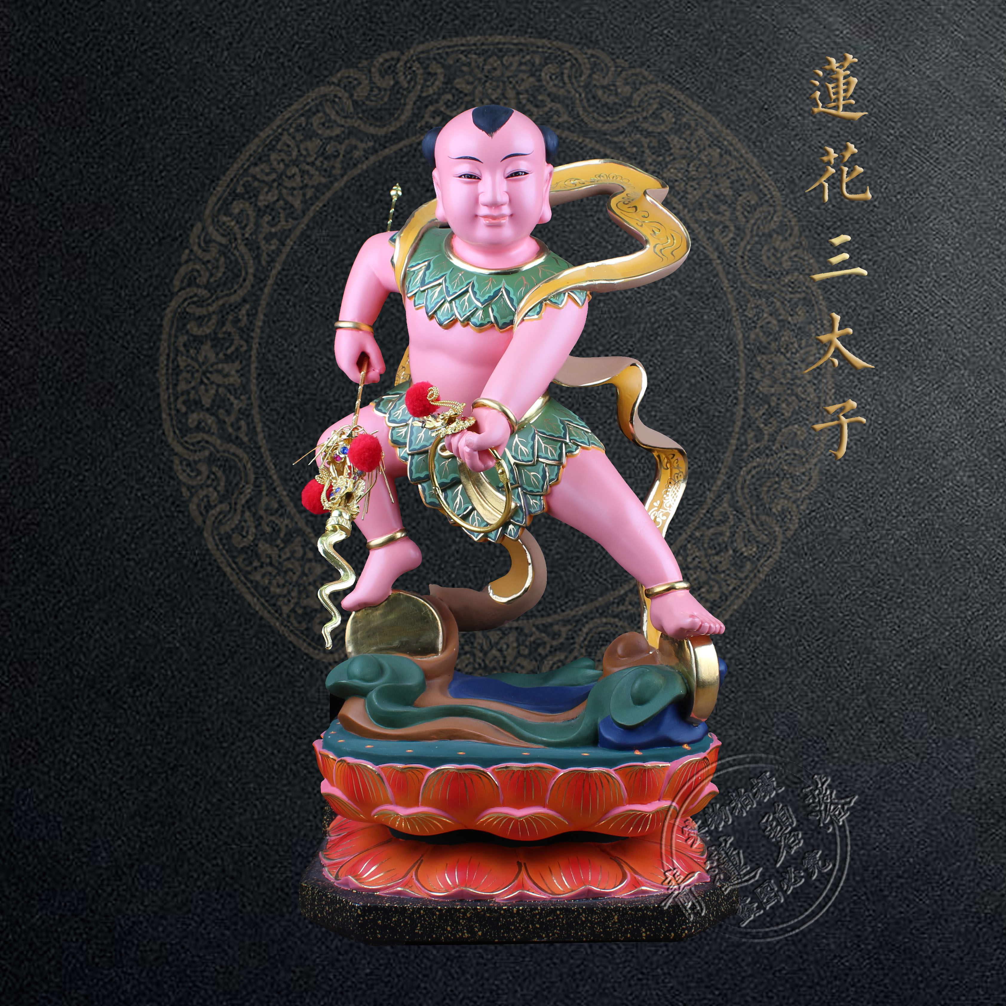 16寸莲花三太子神像 哪咤太子道教神像a级香樟木雕镇宅 化煞摆件