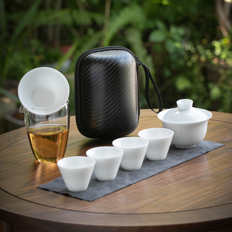 德化白瓷旅行茶具套装户外旅游便携玻璃快客杯盖碗小四杯功夫茶具