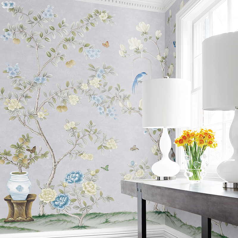 艺速 无缝墙布定制背景墙客厅卧室美式新中式植物花鸟壁画 雅泾园