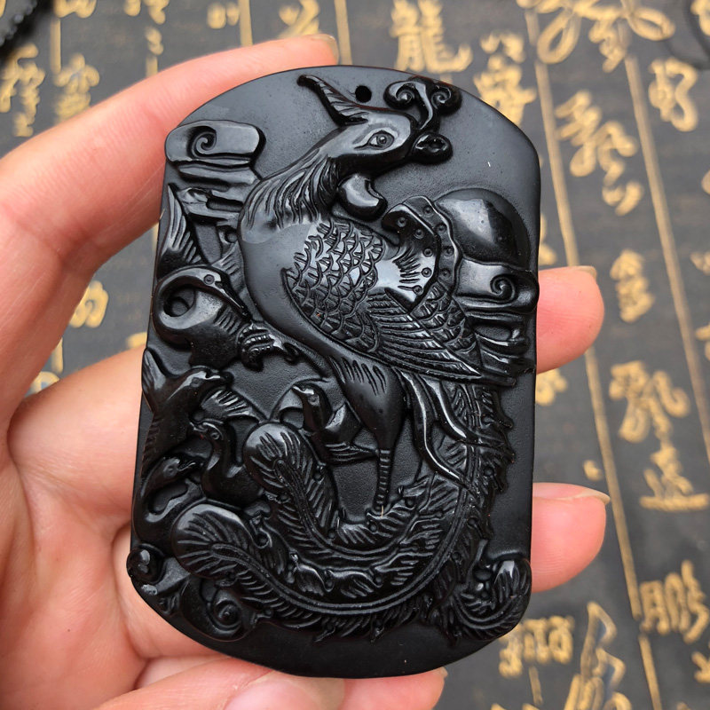 天然黑曜石浴火凤凰朱雀吊坠转运护身有凤来仪丹朝阳项链送证书