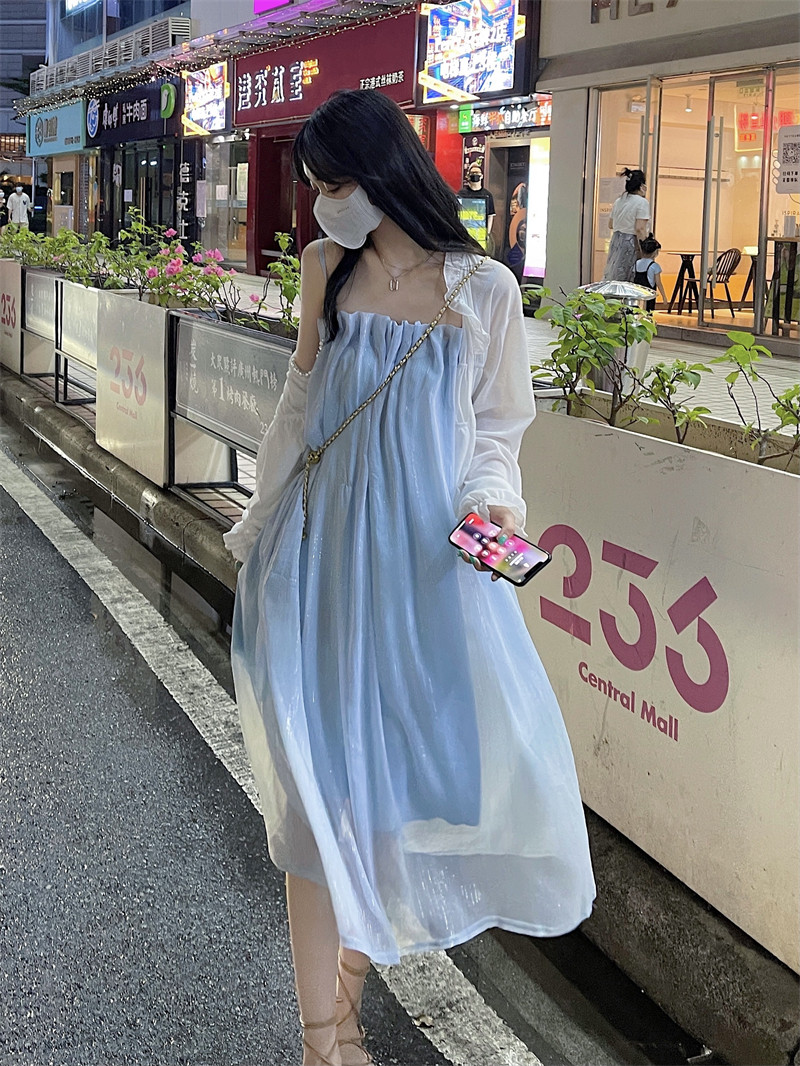 仙女裙子长裙配外搭开衫气质吊带连衣裙超仙气两件套夏季女温柔系