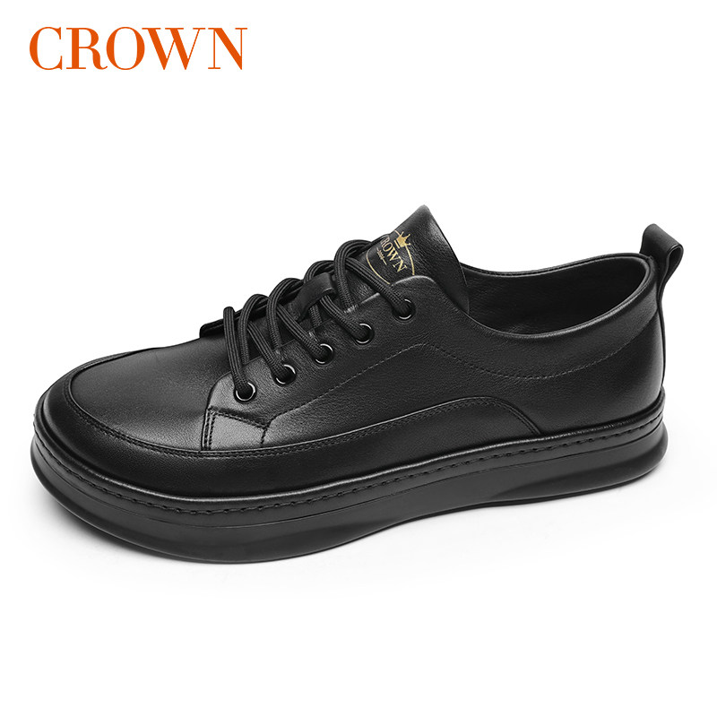 crown皇冠黑色皮鞋男圆头休闲鞋德比鞋商务正装春季手工皮鞋英伦