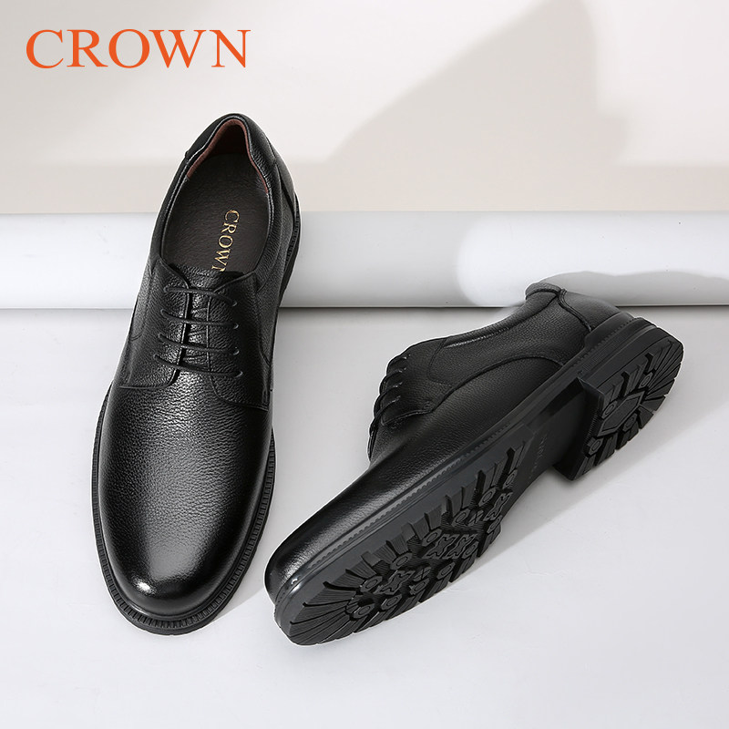 crown皇冠皮鞋男秋季商务正装真皮休闲鞋男士软底圆头软皮男鞋子