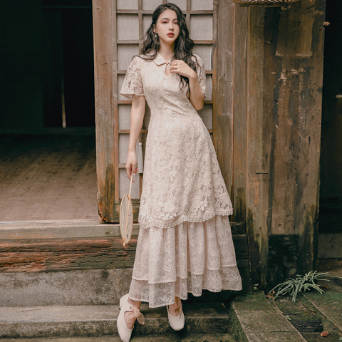 蕾丝连衣裙女夏2019新款复古文艺显瘦很仙的法国小众温柔仙女裙子