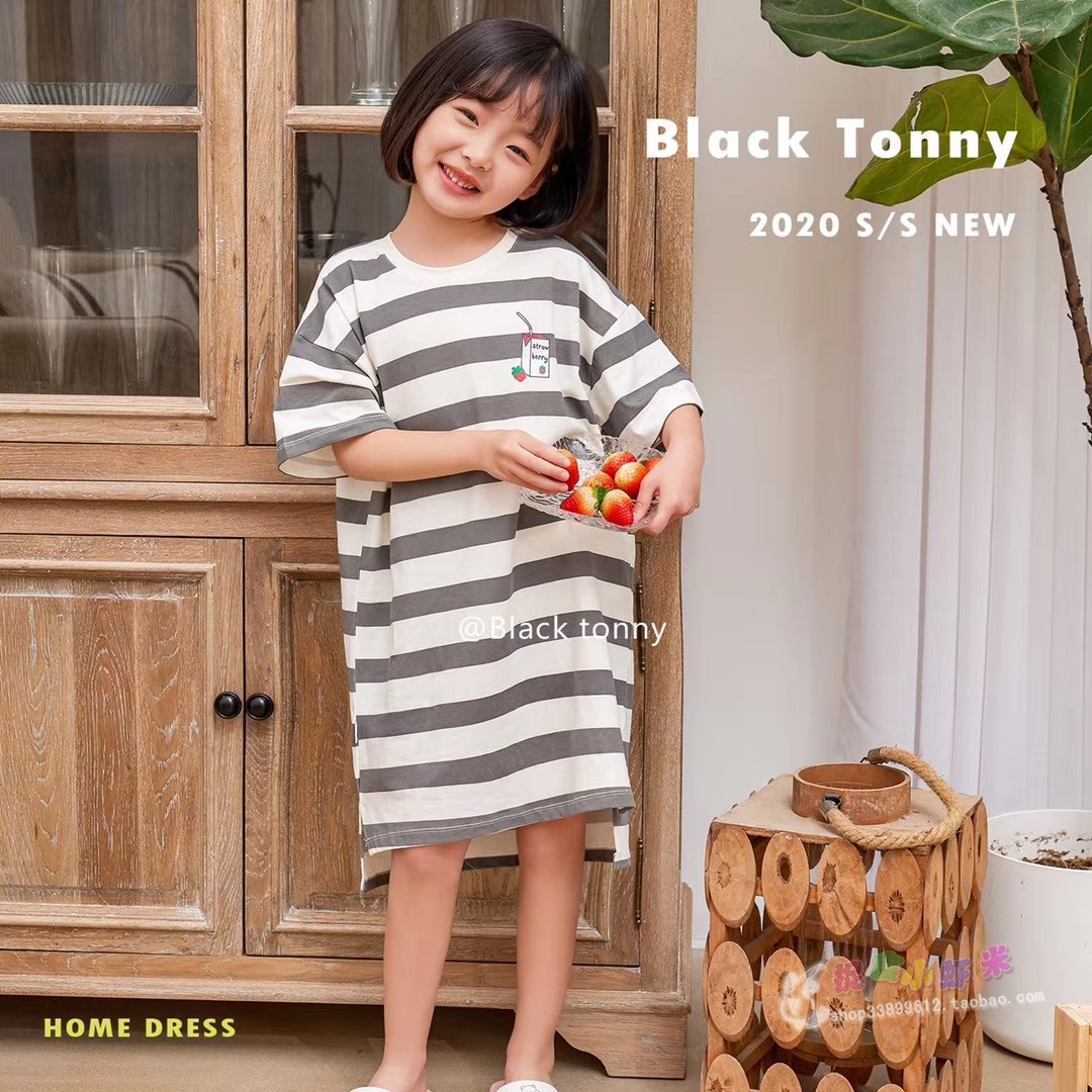 2020春夏小黑托昵托尼家居服女童公主风长短袖睡裙衣儿童空调服