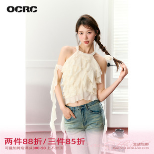 OCRC Official 法式不规则荷叶边无袖吊带女可拆卸花朵飘带短上衣