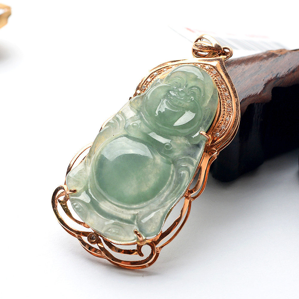 老坑天然a货18k金镶嵌冰种绿水翡翠站佛吊坠5.2g s813