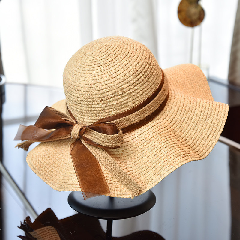 夏季草帽波浪边拉菲草大沿草帽女沙滩度假小清新可折叠遮阳帽防晒