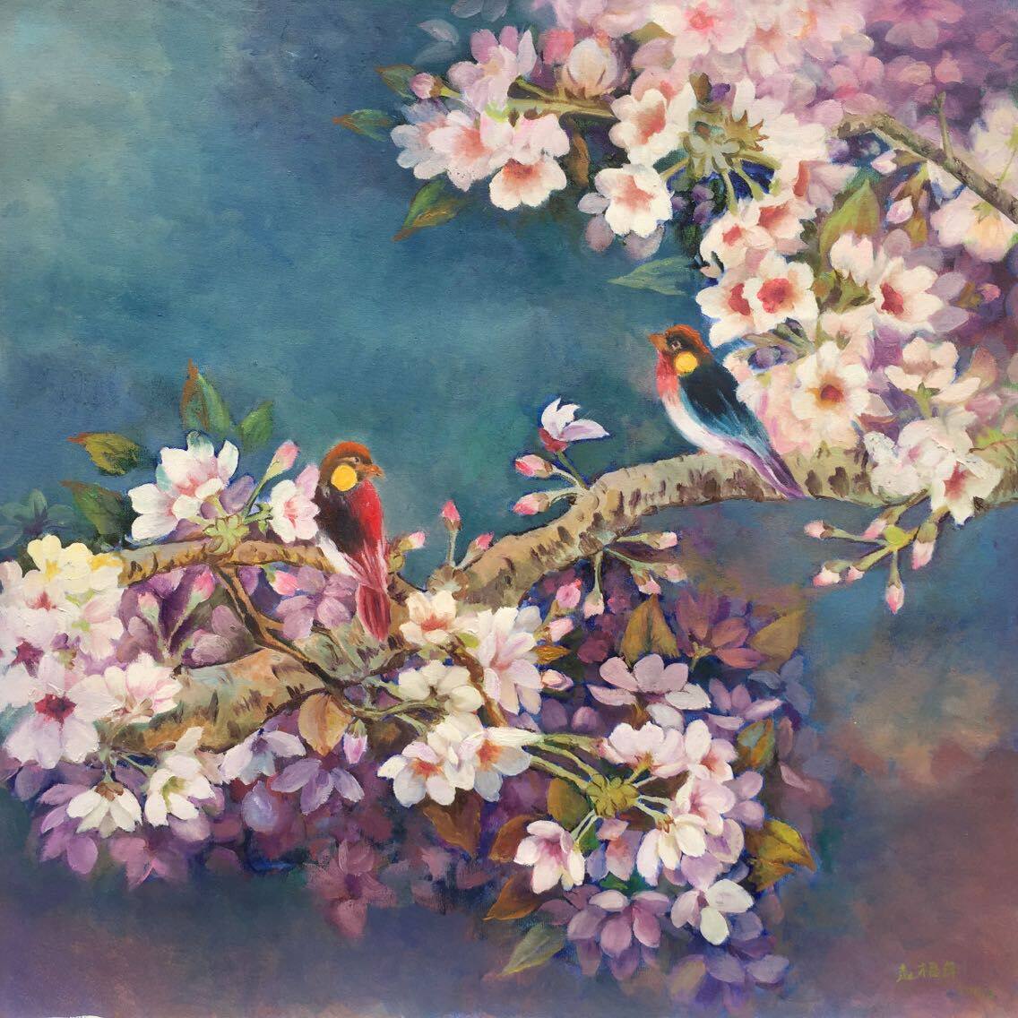 赵福萍《鸟语花香系列二》布面油画