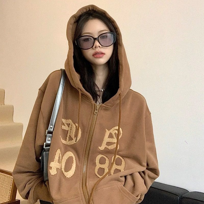 美式复古卫衣女小众加绒加厚情侣宽松拉链套头连帽棕色外套