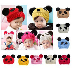 韩版熊猫帽宝宝婴儿童熊猫毛线帽子双球套头帽保暖帽秋冬帽