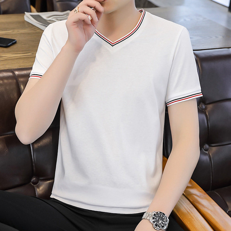 纯色v字领t恤男短袖