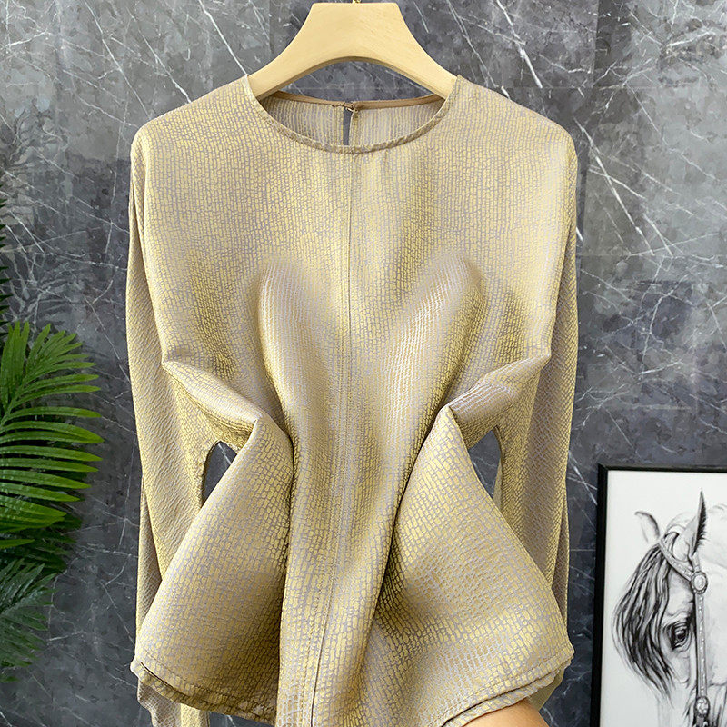 珠光缎面!重磅真丝香云纱金色圆点提花长袖衬衫上衣女