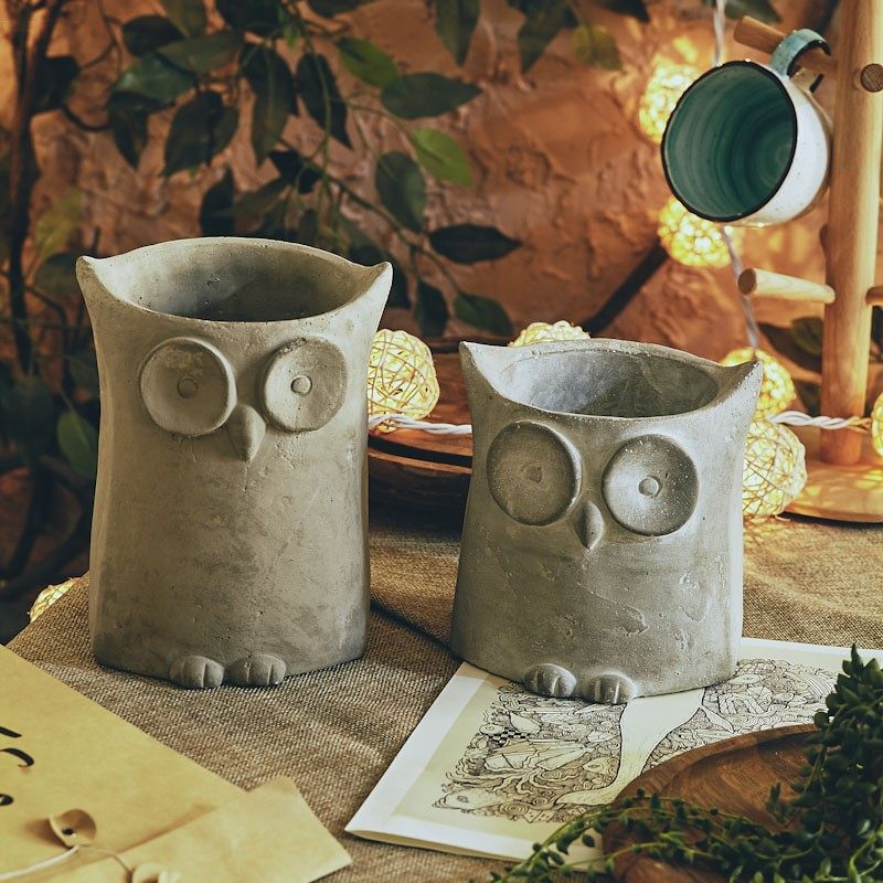 简约水泥猫头鹰摆件做旧创意花盆水泥花器简约烟灰缸复古笔筒