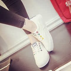 远波女鞋秋季新款2016 百搭韩版平跟小白鞋学生鞋系带帆布鞋板鞋