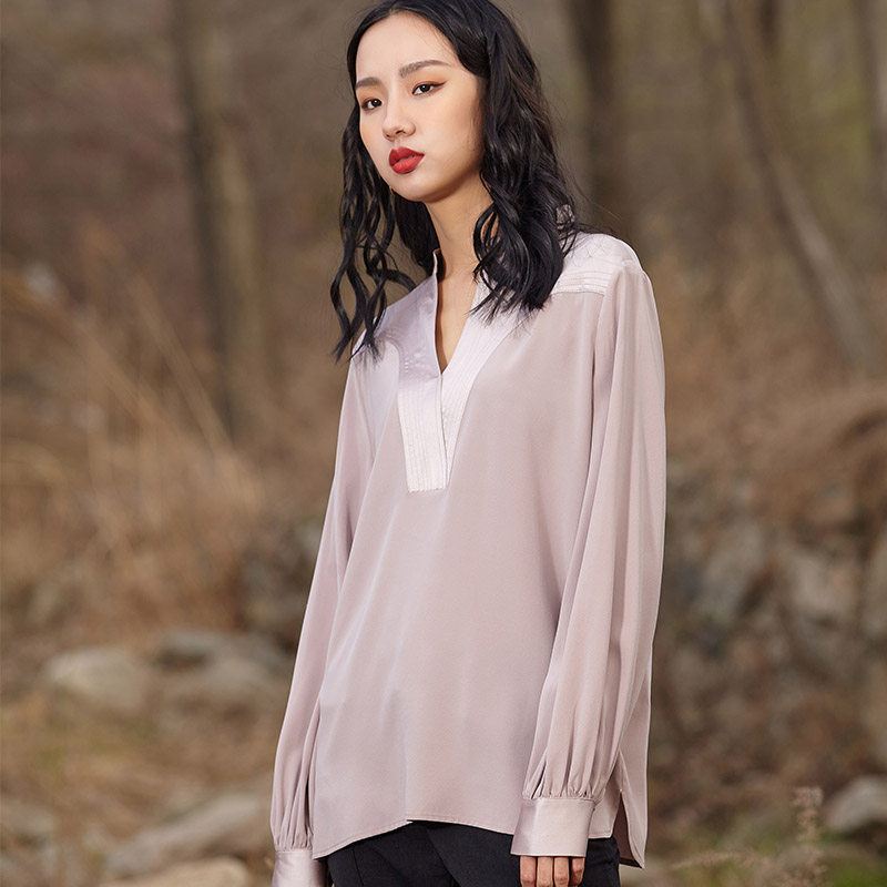 besfunny原创2022春夏新款真丝气质衬衫桑蚕丝v领宽松显瘦衬衣女