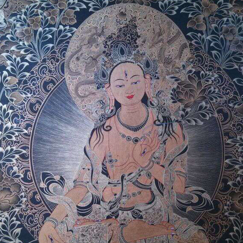 兴福禅寺 黑金唐卡 白度母像 全手工画 线条细腻流畅