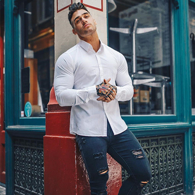 肌肉店长健身衬衫长袖型男修身高弹力速干透气衬衣运动衬衫男t恤