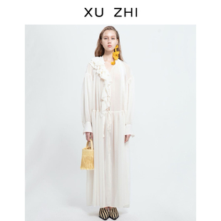 XUZHI设计师品牌白色甜美淑女长袖抽褶雪纺丝带衬衫连衣裙