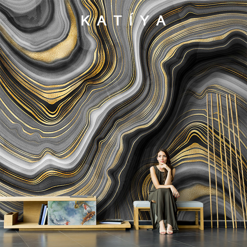 北欧电视背景墙壁画_katiya北欧抽象轻奢简约大理石纹墙布客厅电视