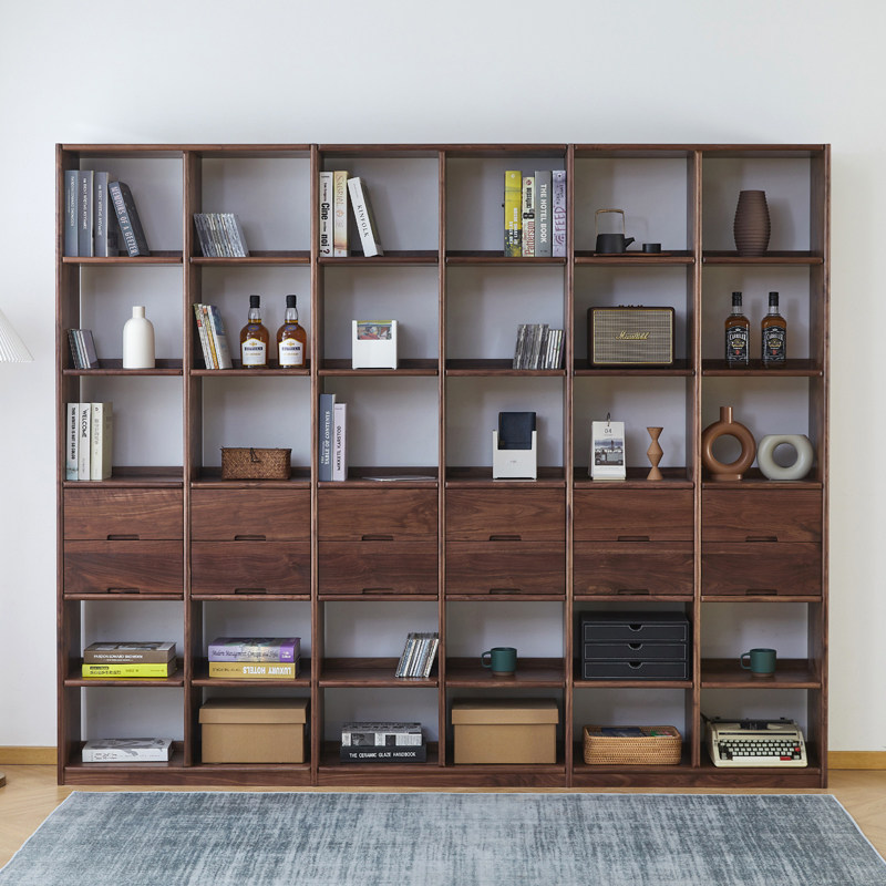 黑胡桃木书架简约现代开放式书橱极简书柜组合樱桃木白橡木原木色