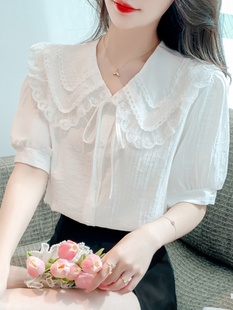 香港TIMO法式蕾丝娃娃领衬衫女夏季洋气减龄小衫别致白色短袖上衣