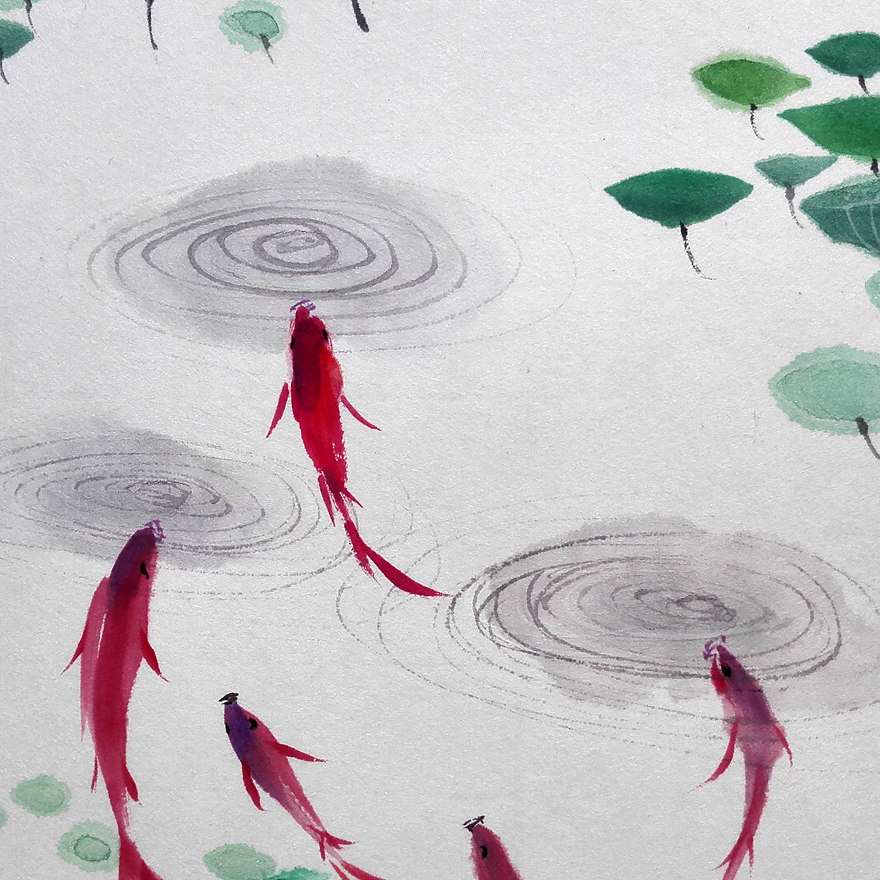 可涵《鱼水之乐》水彩画