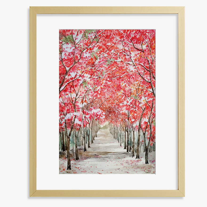 吴小慧《红枫》水彩画┃画框装裱