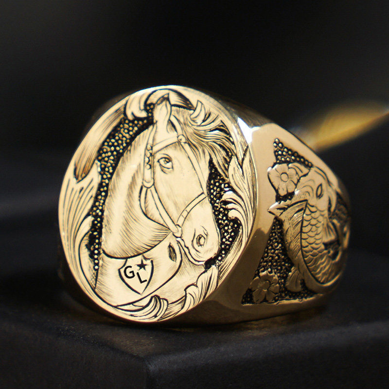 手工雕金生肖马戒指男士设计师款18k黄金雕刻工艺低奢潮人金戒指