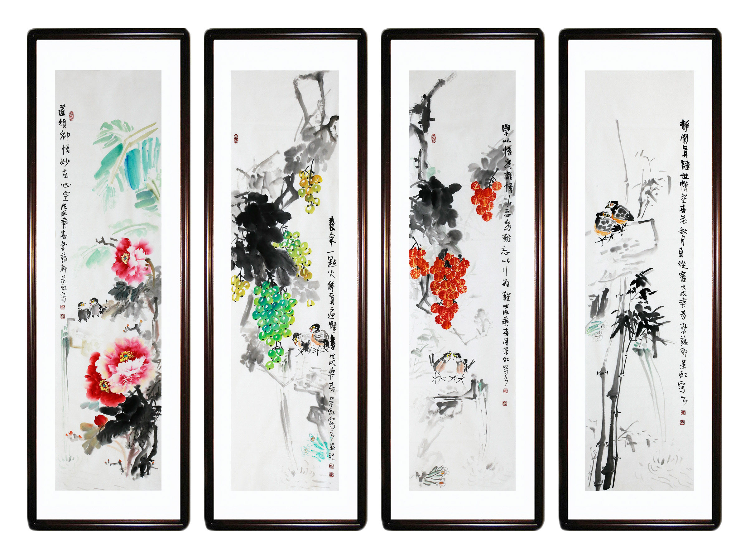 赵景虹《四条屏》一元起拍 书画拍卖纯手绘国画花鸟画 墨华斋6594