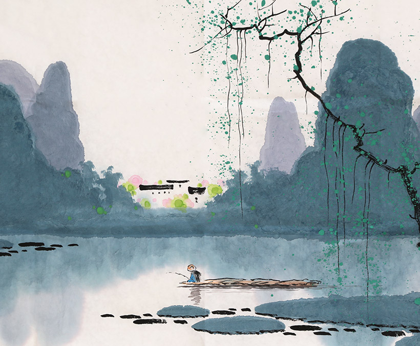 广西艺院 张泉踪《春江垂钓》彩墨漓江山水画创始人 独家授权7724