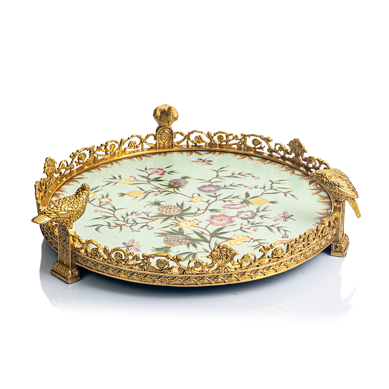 法式手绘陶瓷配铜水果盘摆件 欧式高端奢华软装家居玄关收纳托盘