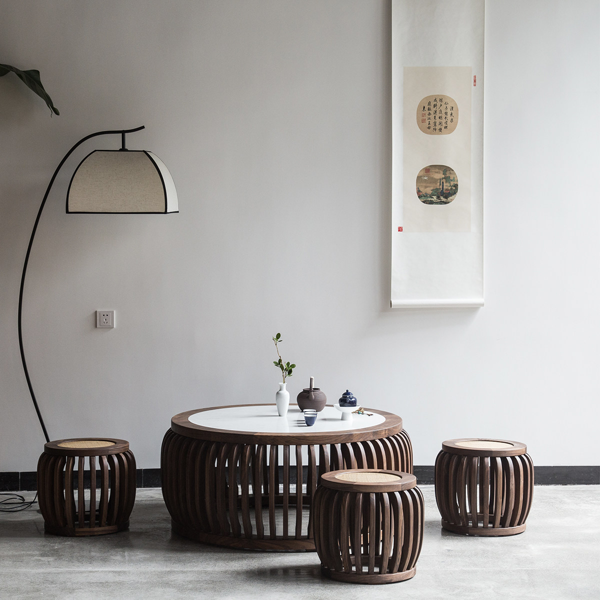 新中式禅意茶桌椅组合大理石面泡茶台黑胡桃小圆桌民宿原木色家具