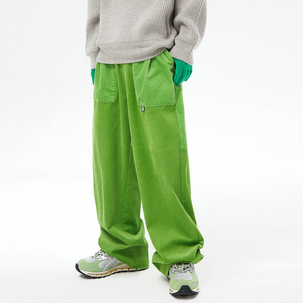 leman金俊 休闲裤男冬季复古宽松黑色加厚直筒绿色灯芯绒裤子长裤