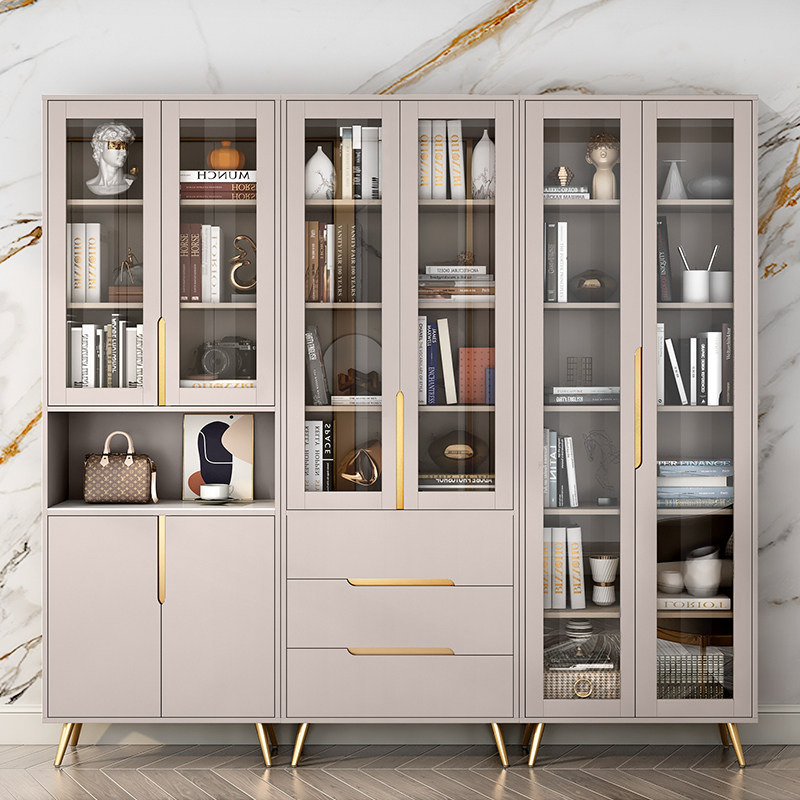 轻奢简约书柜组合带玻璃门简约书房收纳置物书架极简北欧现代落地