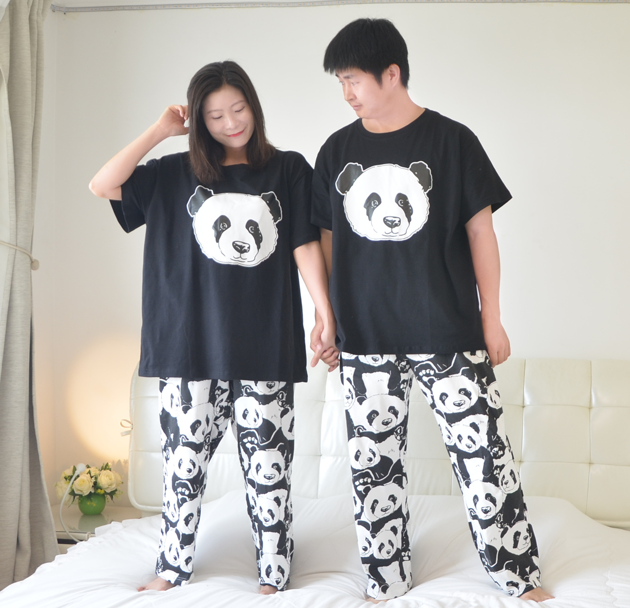 加肥大码熊猫情侣睡衣女夏季短袖长裤