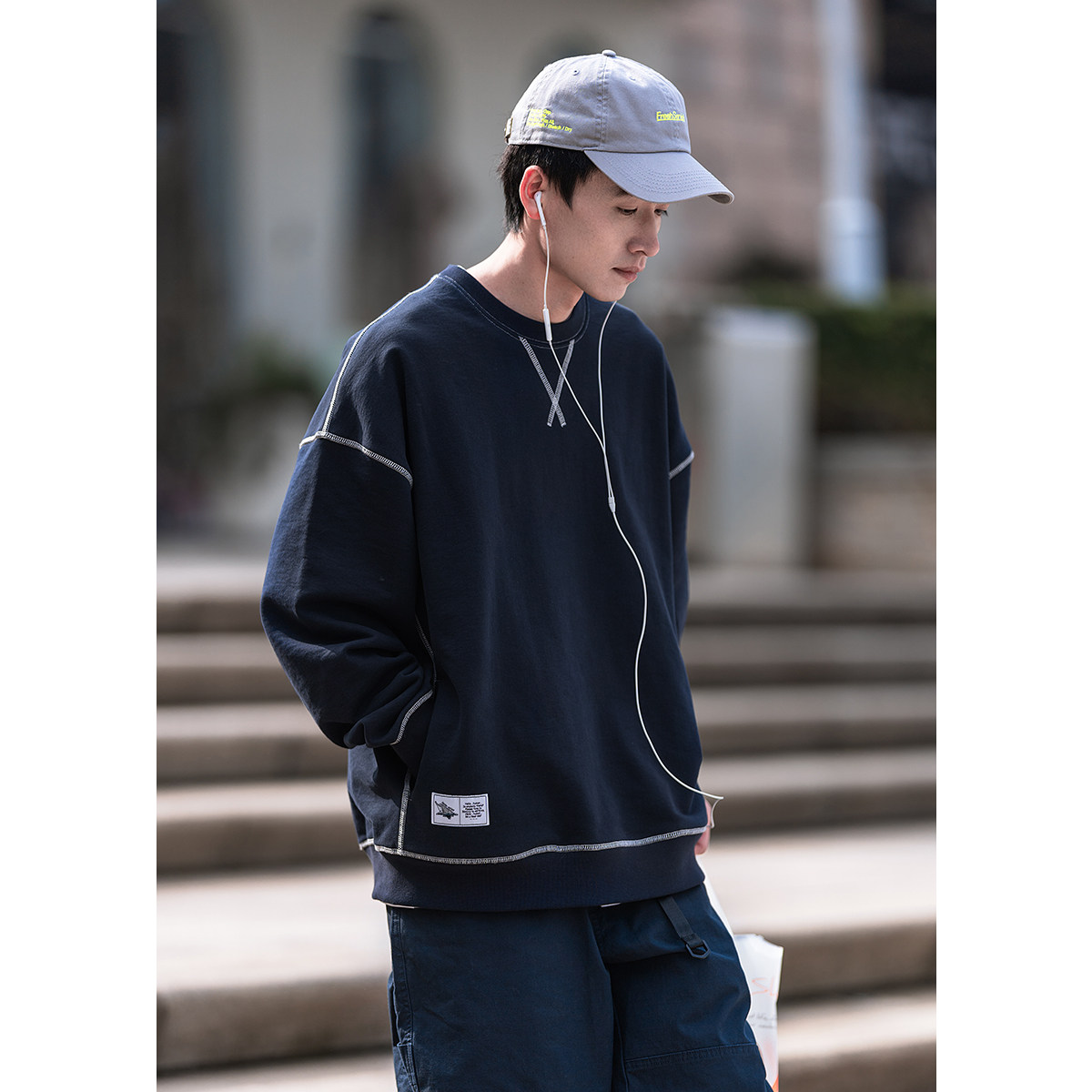 restick 380g春季cityboy无帽卫衣男潮日系圆领落肩宽松百搭c版型