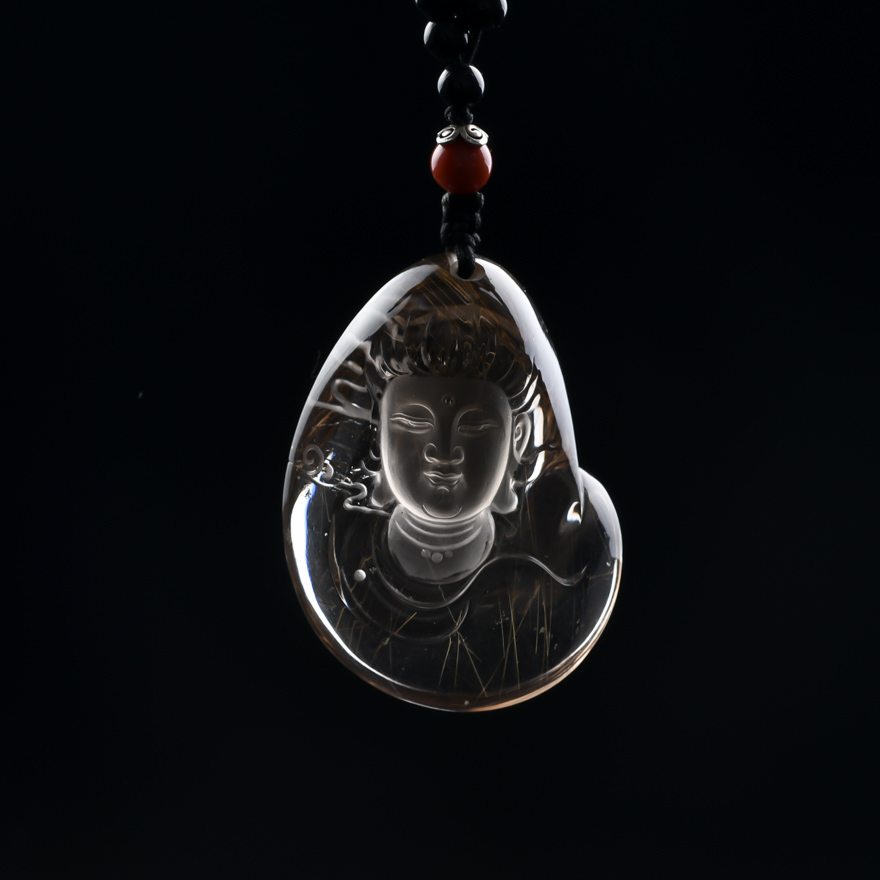 68.16g天然精品茶发晶 水晶观音挂件吊坠省大师石磊作品