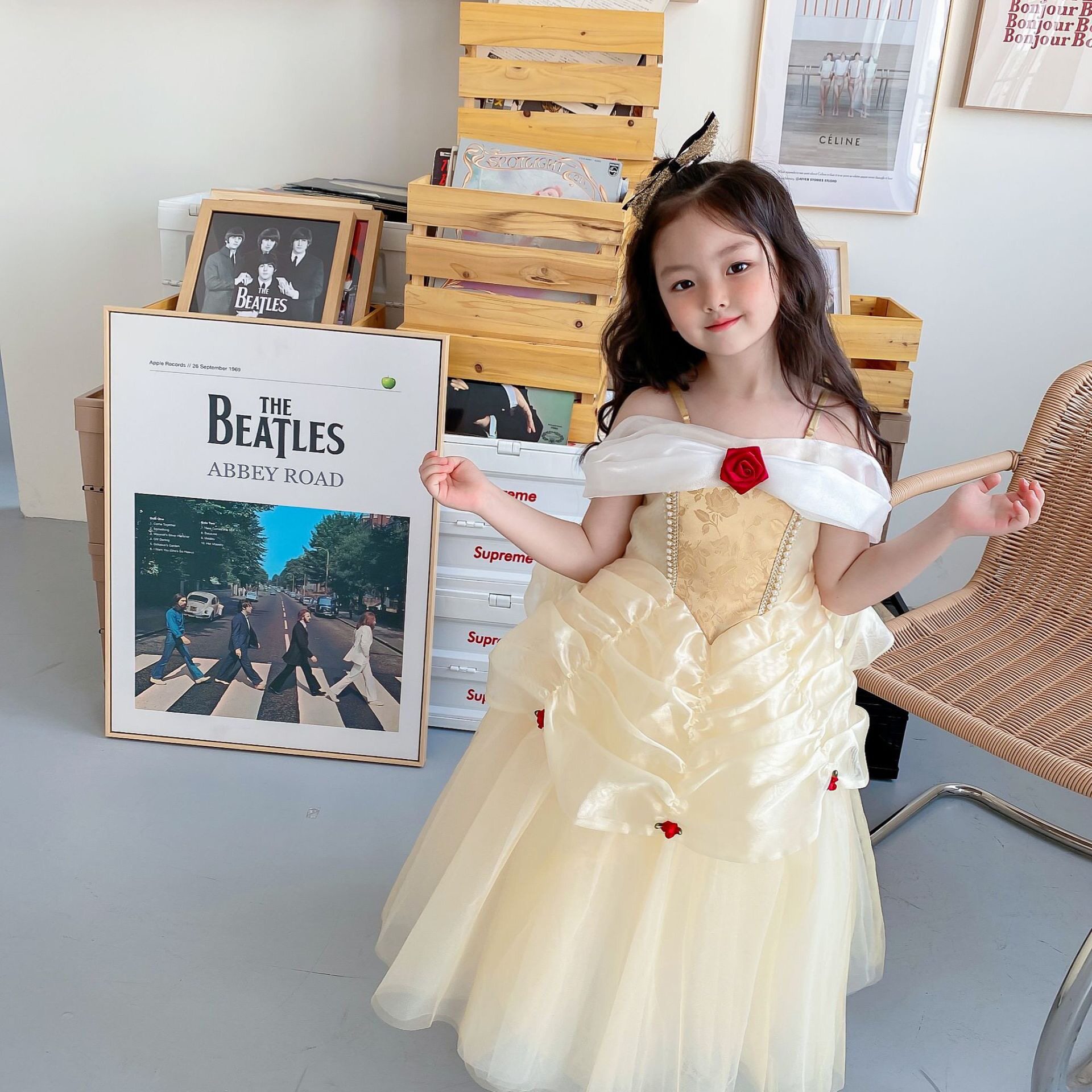 miu妈童品女童贝尔公主一字肩露肩礼服洋气蓬蓬裙六一连衣裙纱裙