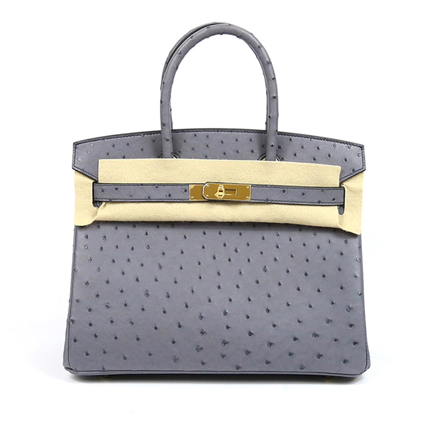 [9.9新]未使用爱马仕hermes女士birkin30玛瑙灰鸵鸟皮手提包