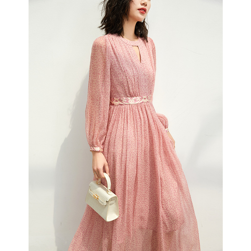 欧品荟奢宠重磅真丝粉色仙女连衣裙桑蚕丝长袖春夏设计感显瘦长裙