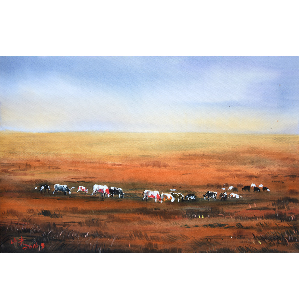 蓝巍水彩画《草原秋牧》