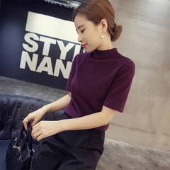 2016韩版新款女装修身半高领五分袖打底衫时尚纯色套头中袖针织衫