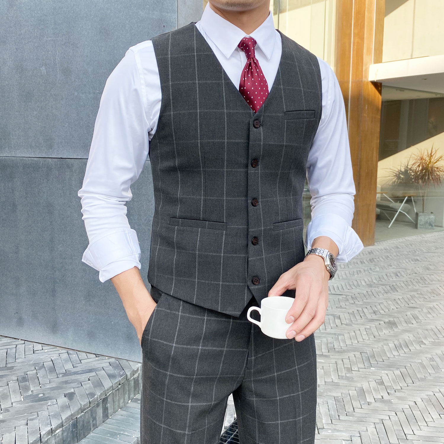 西装马甲男韩版修身潮流英伦帅气个性百搭格子背心男伴郎服兄弟装