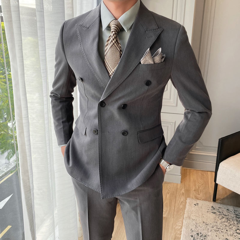 双排扣西装外套男休闲修身单西韩版帅气商务西服男结婚礼服英伦风