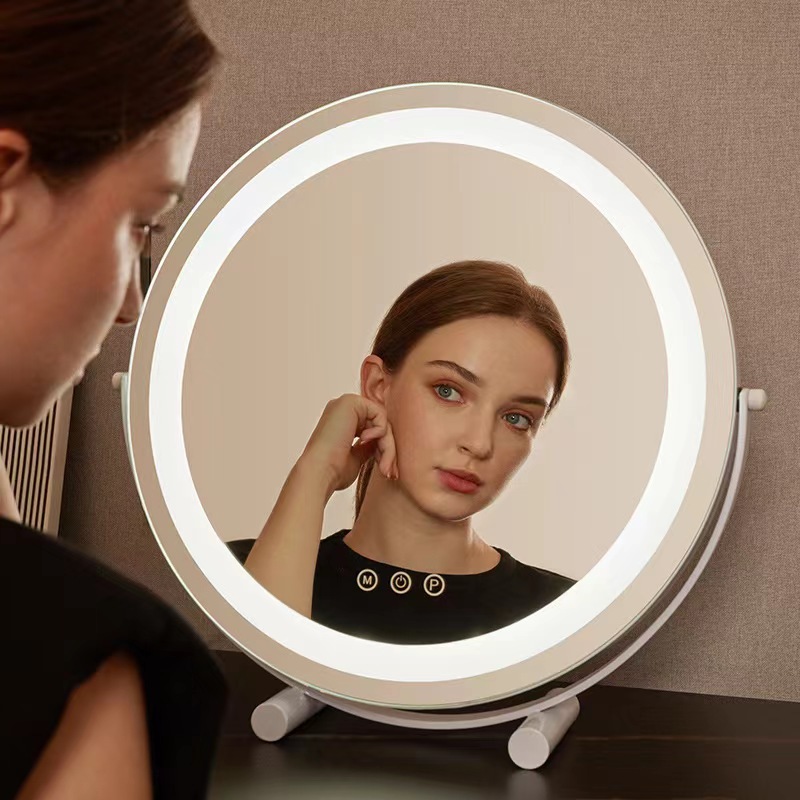 新款轻奢立式LED带灯化妆镜充电梳妆台镜子高清3色调光卧室长续航