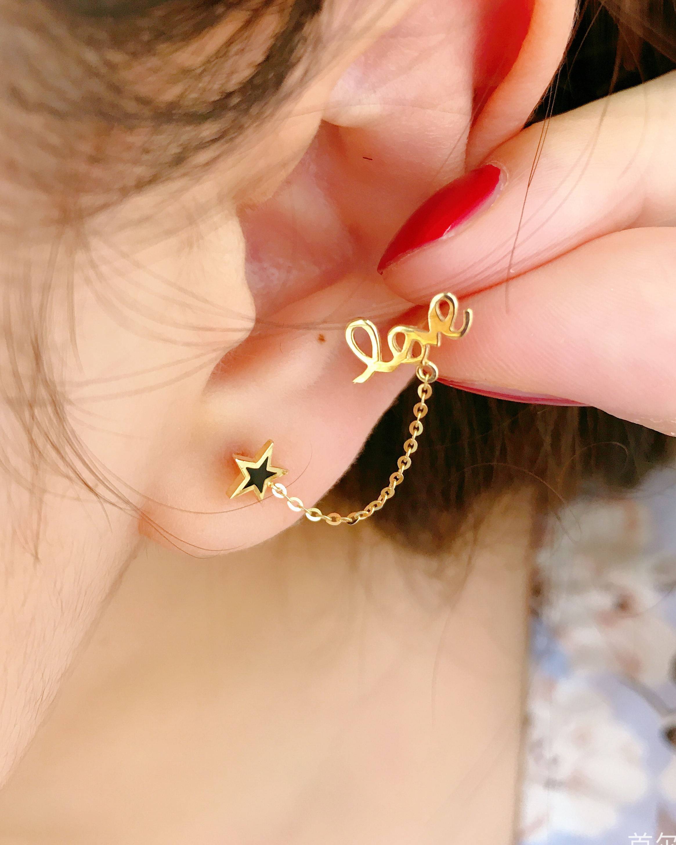 耳钉首尔连线五角星字母光面首饰黄金金黄金14k耳饰