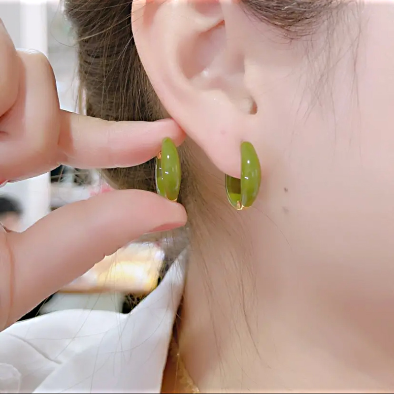 简约百搭绿色滴釉圆圈耳扣耳环小众设计高级感女洋气耳圈2023年新