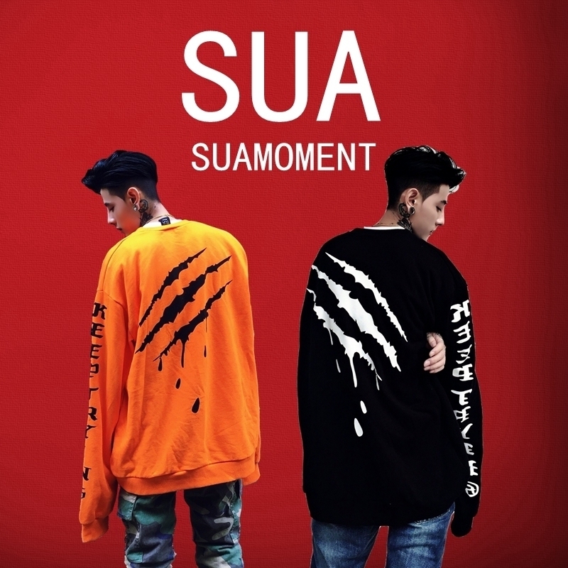 SuaMoment 19哥特血爪痕毛圈卫衣国潮抓痕血滴宽松男女情侣hiphop